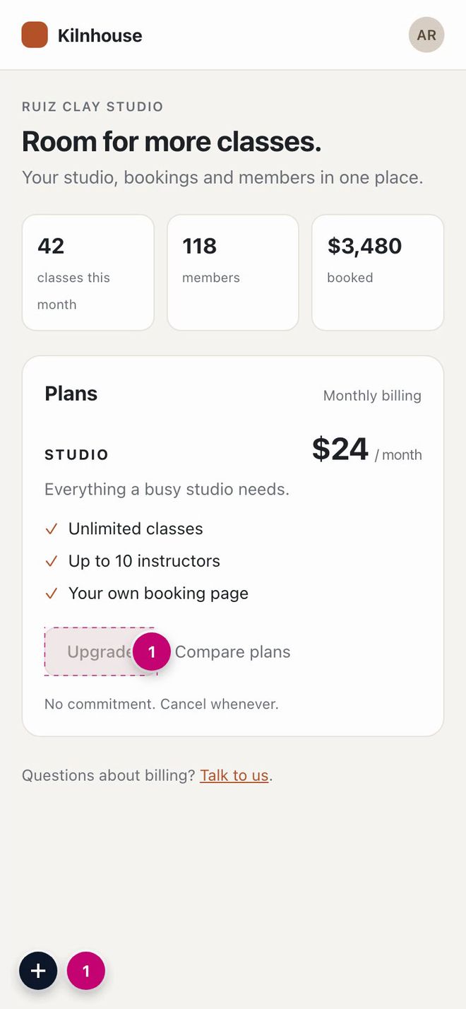 A phone showing a pottery studio’s billing page. A pink pin numbered 1 sits on the pale Upgrade button, where a reviewer has left a note.